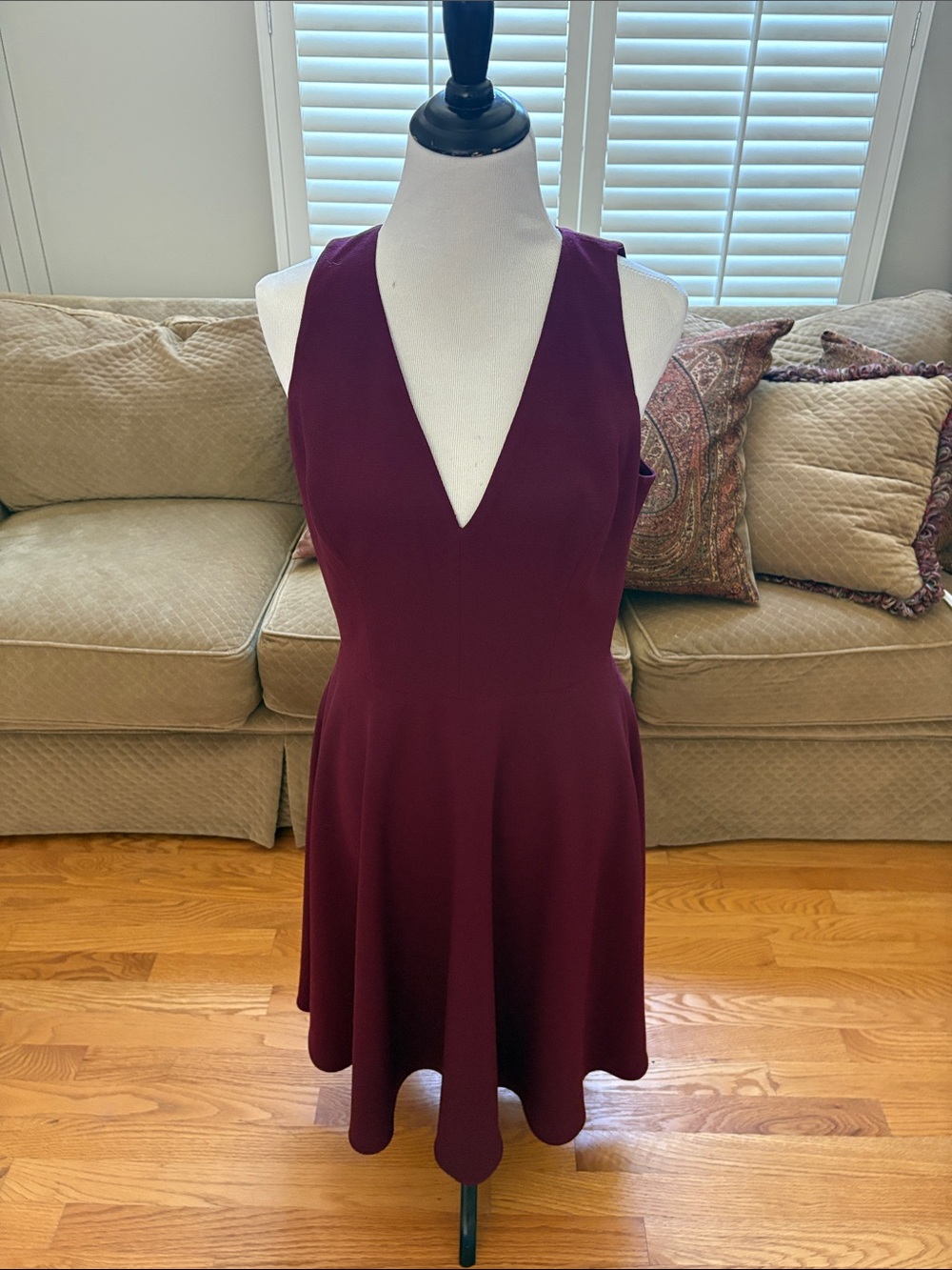 Dress the Population Burgundy Deep V Fit & Flare Mini Dress, Sz L